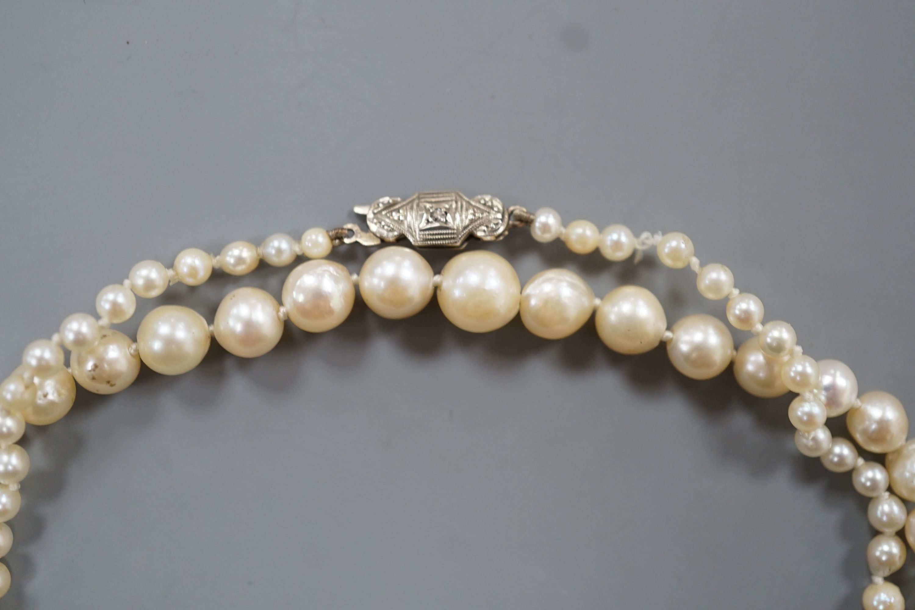 A single strand graduated cultured pearl necklace, with diamond chip set white metal clasp, 54cm, gross weight 13 grams.